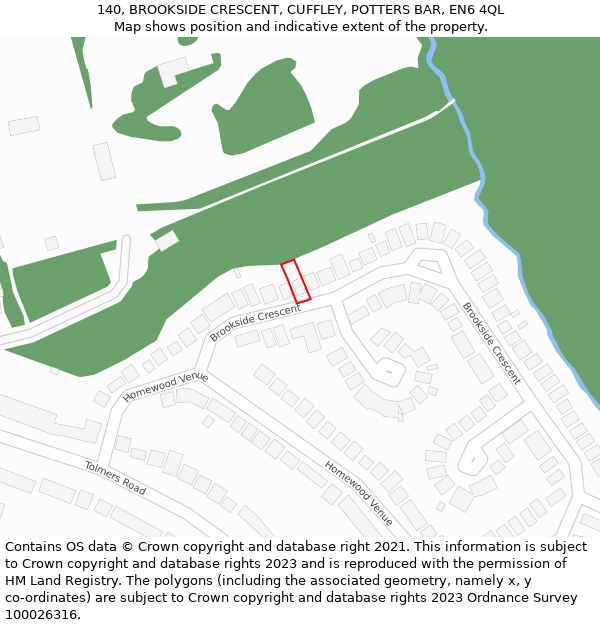 140, BROOKSIDE CRESCENT, CUFFLEY, POTTERS BAR, EN6 4QL: Location map and indicative extent of plot