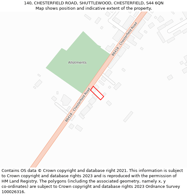 140, CHESTERFIELD ROAD, SHUTTLEWOOD, CHESTERFIELD, S44 6QN: Location map and indicative extent of plot