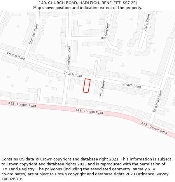 140, CHURCH ROAD, HADLEIGH, BENFLEET, SS7 2EJ: Location map and indicative extent of plot