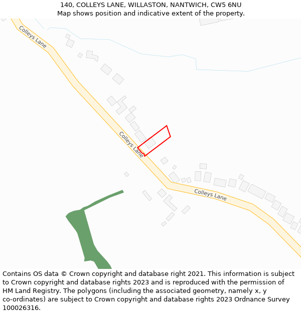 140, COLLEYS LANE, WILLASTON, NANTWICH, CW5 6NU: Location map and indicative extent of plot