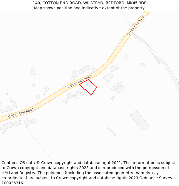 140, COTTON END ROAD, WILSTEAD, BEDFORD, MK45 3DP: Location map and indicative extent of plot