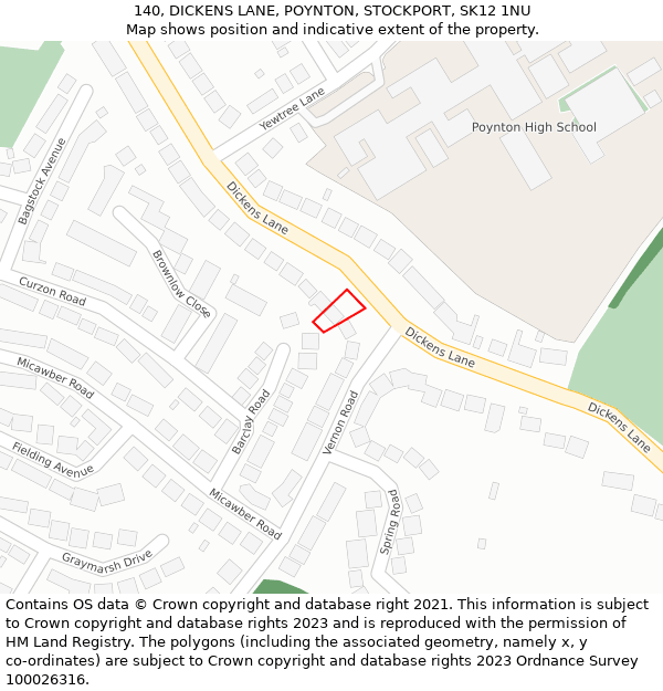 140, DICKENS LANE, POYNTON, STOCKPORT, SK12 1NU: Location map and indicative extent of plot