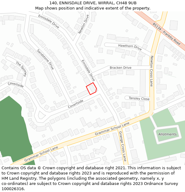 140, ENNISDALE DRIVE, WIRRAL, CH48 9UB: Location map and indicative extent of plot