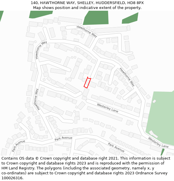 140, HAWTHORNE WAY, SHELLEY, HUDDERSFIELD, HD8 8PX: Location map and indicative extent of plot
