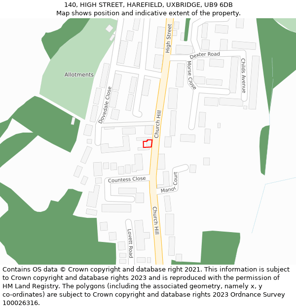 140, HIGH STREET, HAREFIELD, UXBRIDGE, UB9 6DB: Location map and indicative extent of plot