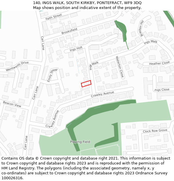 140, INGS WALK, SOUTH KIRKBY, PONTEFRACT, WF9 3DQ: Location map and indicative extent of plot