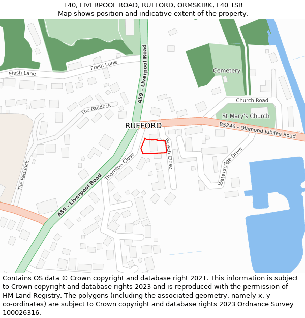 140, LIVERPOOL ROAD, RUFFORD, ORMSKIRK, L40 1SB: Location map and indicative extent of plot