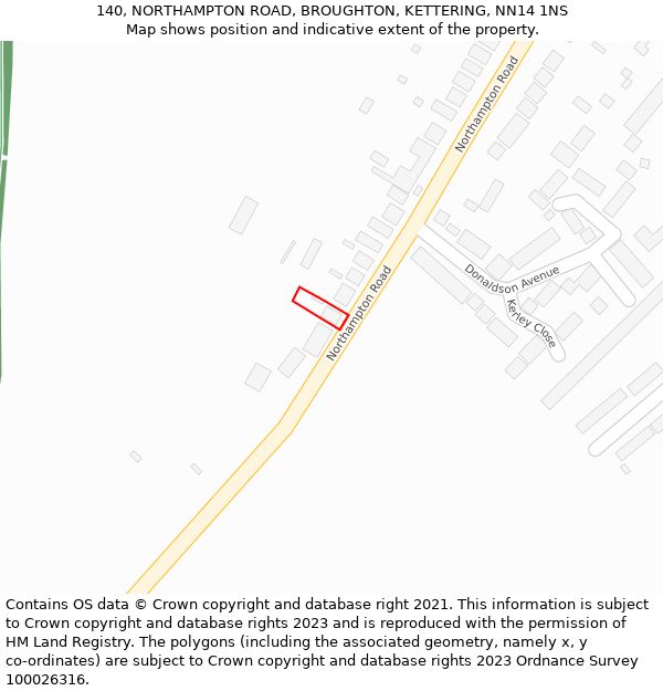 140, NORTHAMPTON ROAD, BROUGHTON, KETTERING, NN14 1NS: Location map and indicative extent of plot