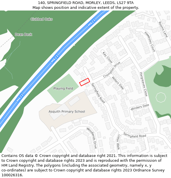 140, SPRINGFIELD ROAD, MORLEY, LEEDS, LS27 9TA: Location map and indicative extent of plot