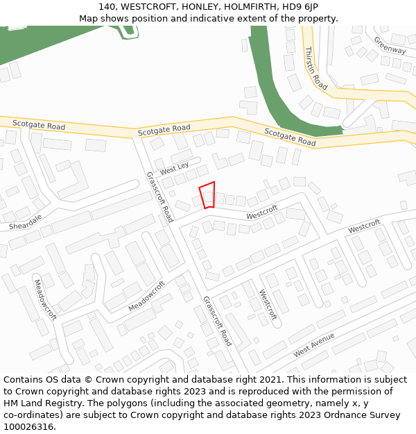 140, WESTCROFT, HONLEY, HOLMFIRTH, HD9 6JP: Location map and indicative extent of plot