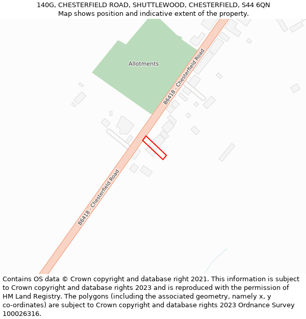 140G, CHESTERFIELD ROAD, SHUTTLEWOOD, CHESTERFIELD, S44 6QN: Location map and indicative extent of plot