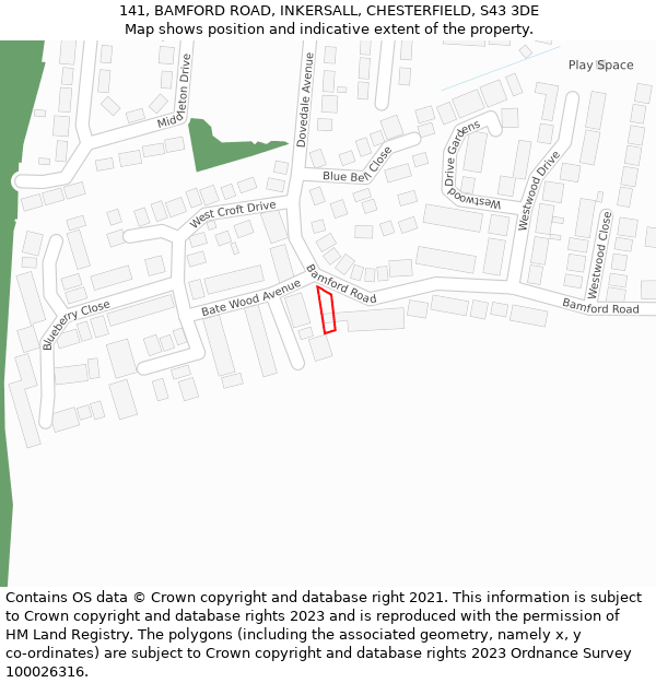 141, BAMFORD ROAD, INKERSALL, CHESTERFIELD, S43 3DE: Location map and indicative extent of plot