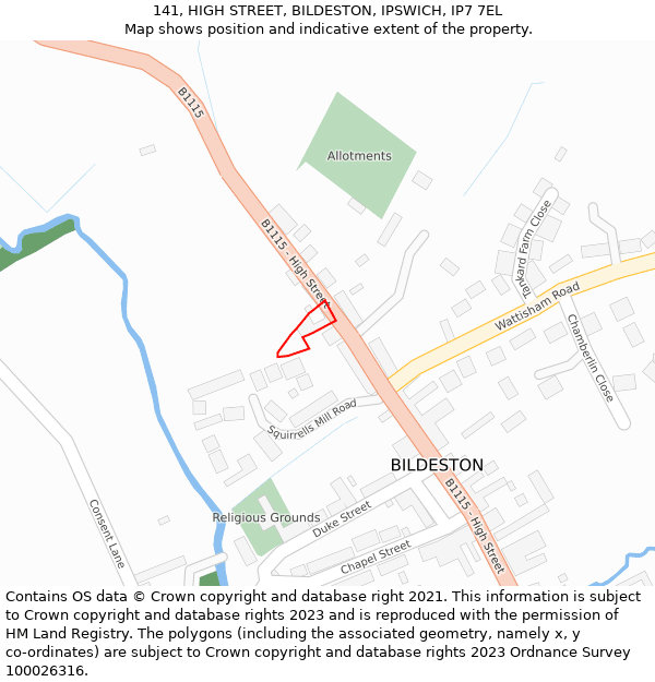 141, HIGH STREET, BILDESTON, IPSWICH, IP7 7EL: Location map and indicative extent of plot