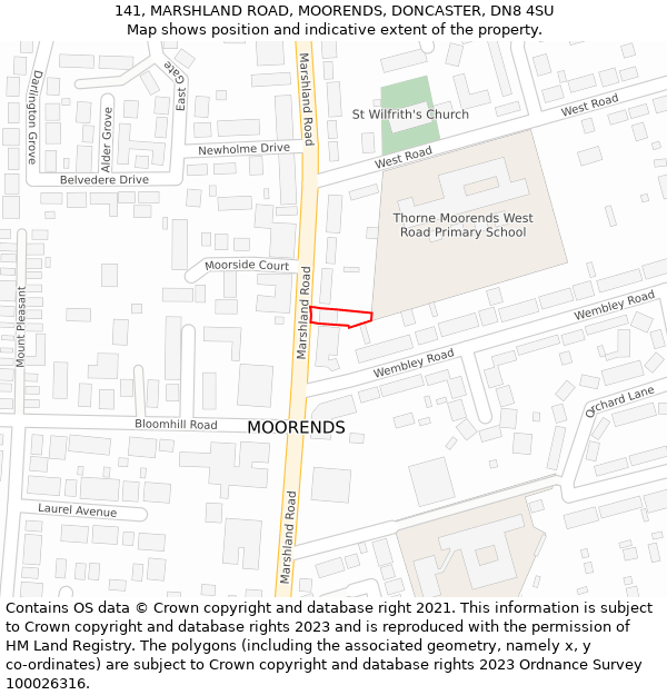 141, MARSHLAND ROAD, MOORENDS, DONCASTER, DN8 4SU: Location map and indicative extent of plot