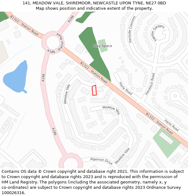 141, MEADOW VALE, SHIREMOOR, NEWCASTLE UPON TYNE, NE27 0BD: Location map and indicative extent of plot