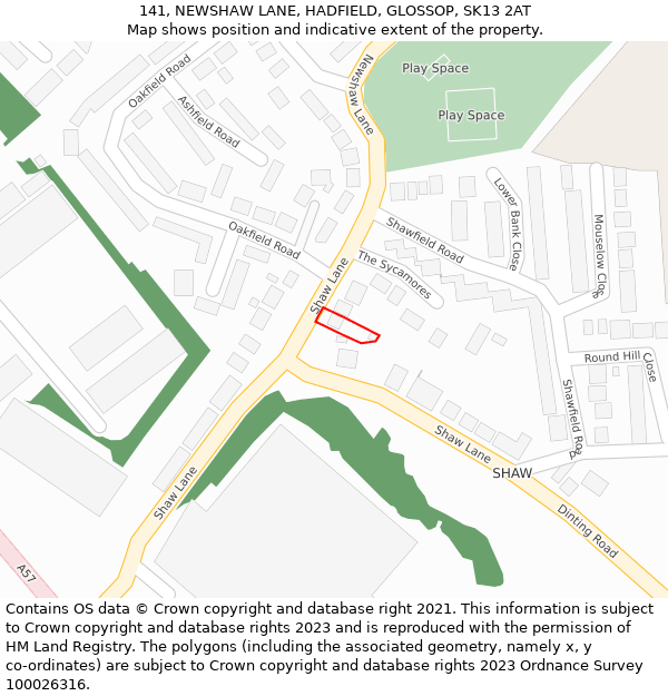 141, NEWSHAW LANE, HADFIELD, GLOSSOP, SK13 2AT: Location map and indicative extent of plot