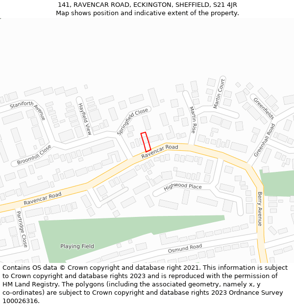 141, RAVENCAR ROAD, ECKINGTON, SHEFFIELD, S21 4JR: Location map and indicative extent of plot