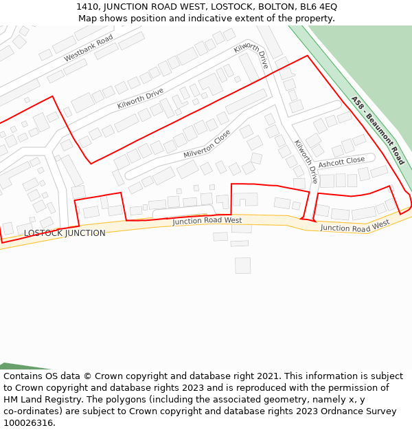 1410, JUNCTION ROAD WEST, LOSTOCK, BOLTON, BL6 4EQ: Location map and indicative extent of plot