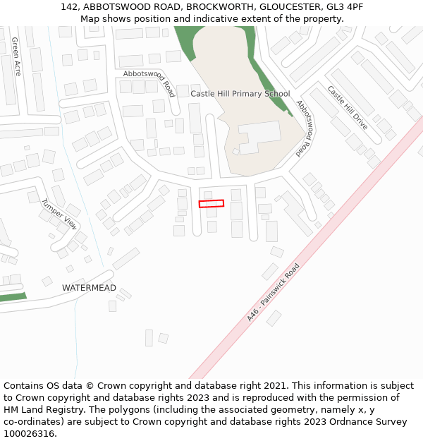 142, ABBOTSWOOD ROAD, BROCKWORTH, GLOUCESTER, GL3 4PF: Location map and indicative extent of plot
