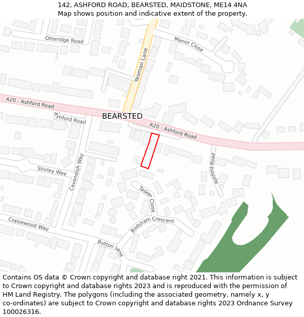 142, ASHFORD ROAD, BEARSTED, MAIDSTONE, ME14 4NA: Location map and indicative extent of plot