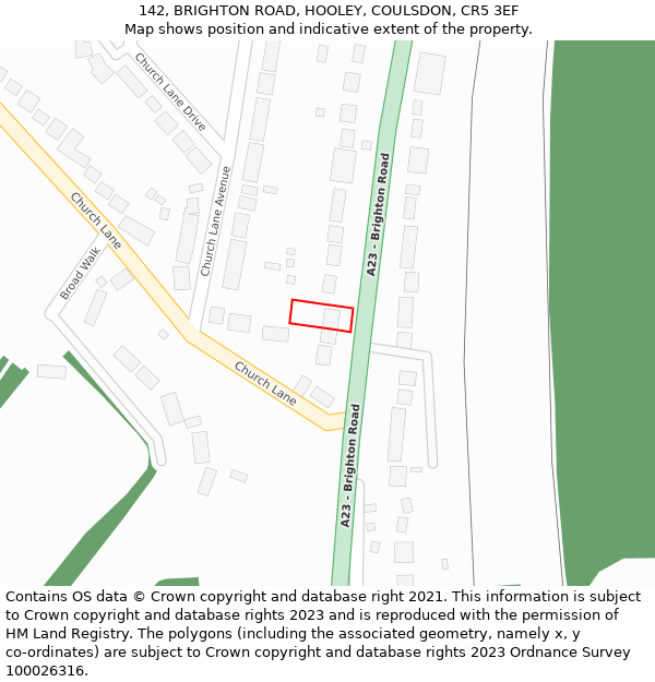 142, BRIGHTON ROAD, HOOLEY, COULSDON, CR5 3EF: Location map and indicative extent of plot