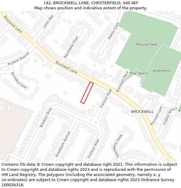 142, BROCKWELL LANE, CHESTERFIELD, S40 4EF: Location map and indicative extent of plot