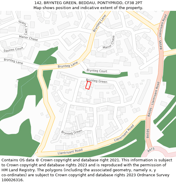 142, BRYNTEG GREEN, BEDDAU, PONTYPRIDD, CF38 2PT: Location map and indicative extent of plot