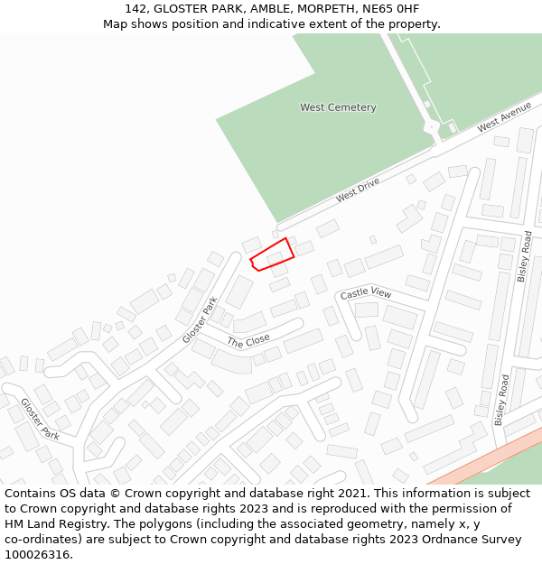 142, GLOSTER PARK, AMBLE, MORPETH, NE65 0HF: Location map and indicative extent of plot