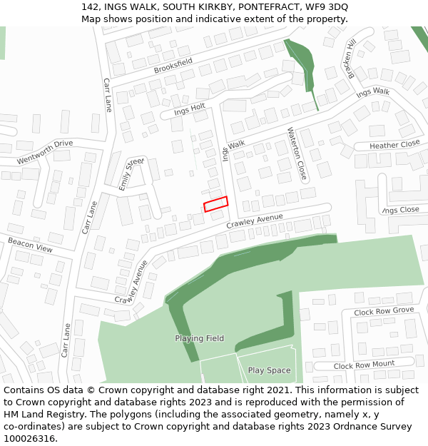 142, INGS WALK, SOUTH KIRKBY, PONTEFRACT, WF9 3DQ: Location map and indicative extent of plot