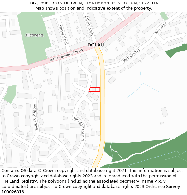 142, PARC BRYN DERWEN, LLANHARAN, PONTYCLUN, CF72 9TX: Location map and indicative extent of plot