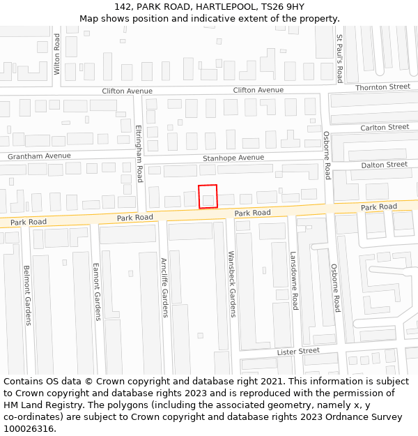 142, PARK ROAD, HARTLEPOOL, TS26 9HY: Location map and indicative extent of plot