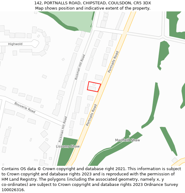 142, PORTNALLS ROAD, CHIPSTEAD, COULSDON, CR5 3DX: Location map and indicative extent of plot