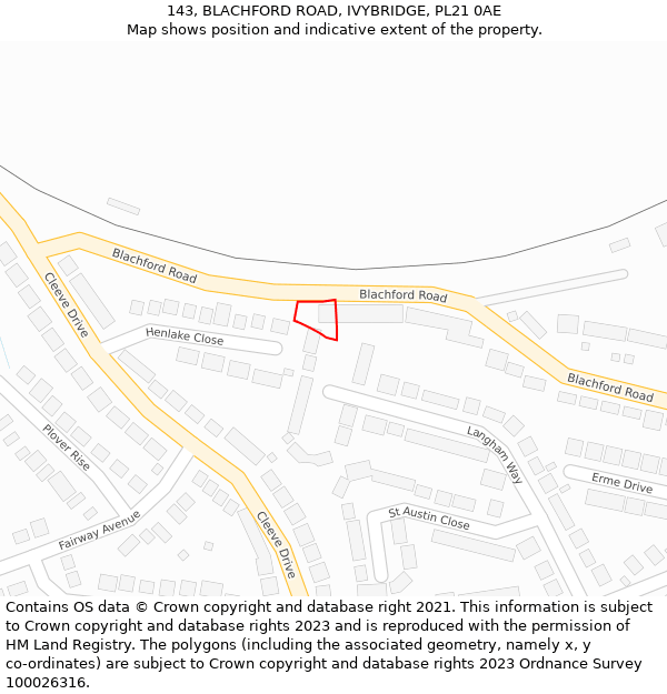 143, BLACHFORD ROAD, IVYBRIDGE, PL21 0AE: Location map and indicative extent of plot