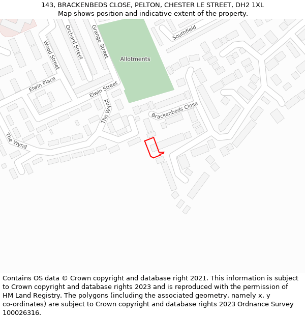 143, BRACKENBEDS CLOSE, PELTON, CHESTER LE STREET, DH2 1XL: Location map and indicative extent of plot