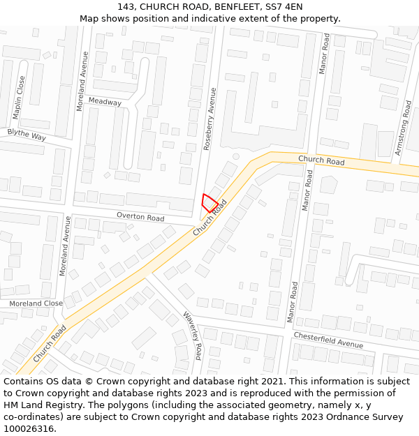 143, CHURCH ROAD, BENFLEET, SS7 4EN: Location map and indicative extent of plot