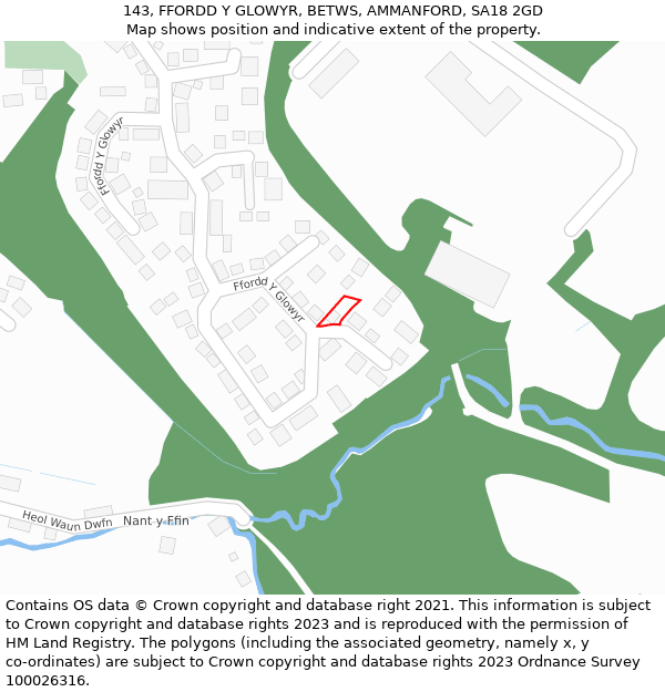 143, FFORDD Y GLOWYR, BETWS, AMMANFORD, SA18 2GD: Location map and indicative extent of plot