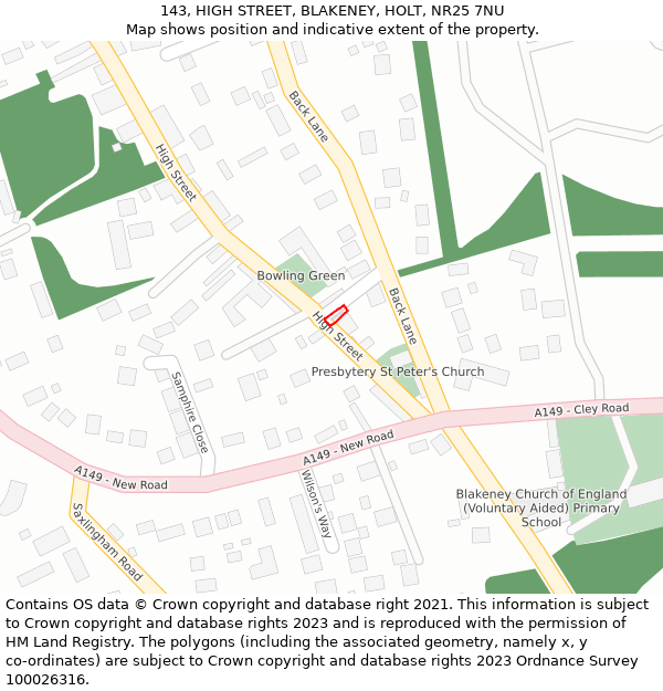 143, HIGH STREET, BLAKENEY, HOLT, NR25 7NU: Location map and indicative extent of plot