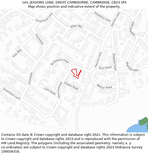 143, JEAVONS LANE, GREAT CAMBOURNE, CAMBRIDGE, CB23 5FA: Location map and indicative extent of plot