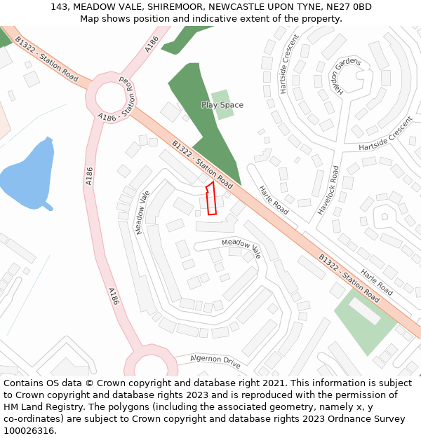 143, MEADOW VALE, SHIREMOOR, NEWCASTLE UPON TYNE, NE27 0BD: Location map and indicative extent of plot