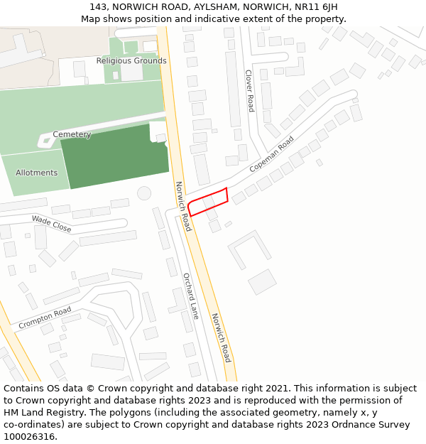 143, NORWICH ROAD, AYLSHAM, NORWICH, NR11 6JH: Location map and indicative extent of plot