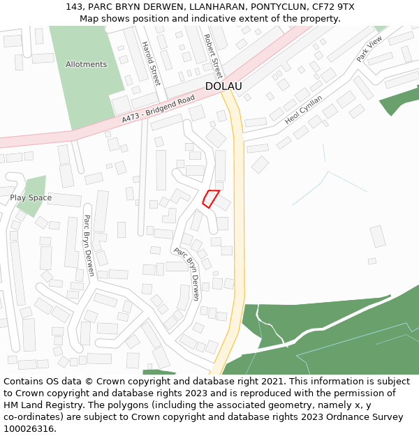 143, PARC BRYN DERWEN, LLANHARAN, PONTYCLUN, CF72 9TX: Location map and indicative extent of plot