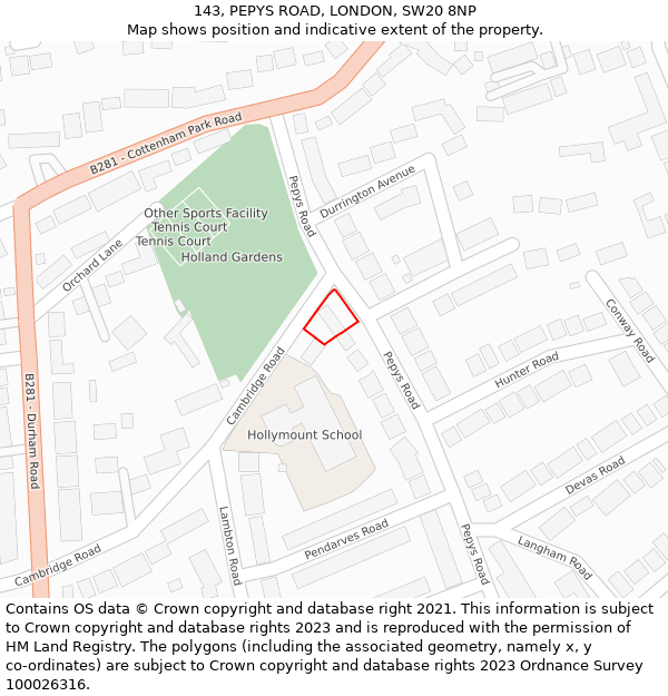 143, PEPYS ROAD, LONDON, SW20 8NP: Location map and indicative extent of plot