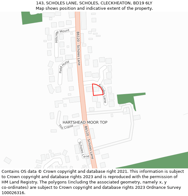 143, SCHOLES LANE, SCHOLES, CLECKHEATON, BD19 6LY: Location map and indicative extent of plot