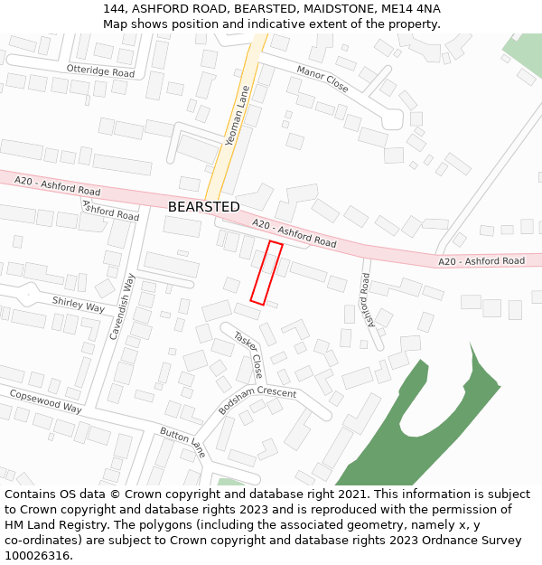 144, ASHFORD ROAD, BEARSTED, MAIDSTONE, ME14 4NA: Location map and indicative extent of plot