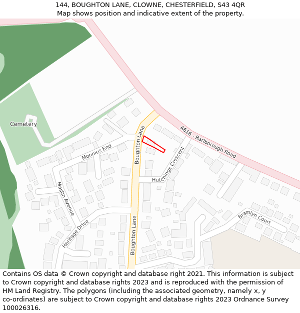 144, BOUGHTON LANE, CLOWNE, CHESTERFIELD, S43 4QR: Location map and indicative extent of plot