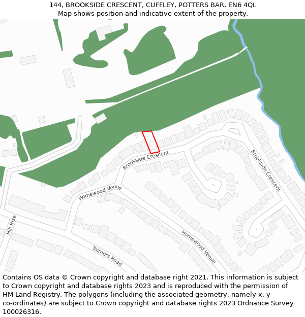 144, BROOKSIDE CRESCENT, CUFFLEY, POTTERS BAR, EN6 4QL: Location map and indicative extent of plot