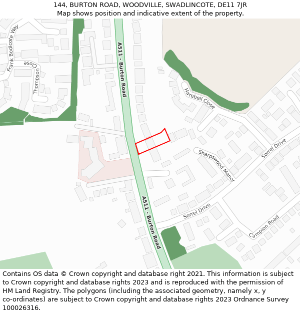 144, BURTON ROAD, WOODVILLE, SWADLINCOTE, DE11 7JR: Location map and indicative extent of plot