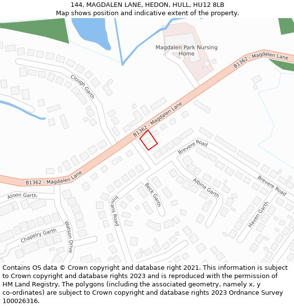 144, MAGDALEN LANE, HEDON, HULL, HU12 8LB: Location map and indicative extent of plot