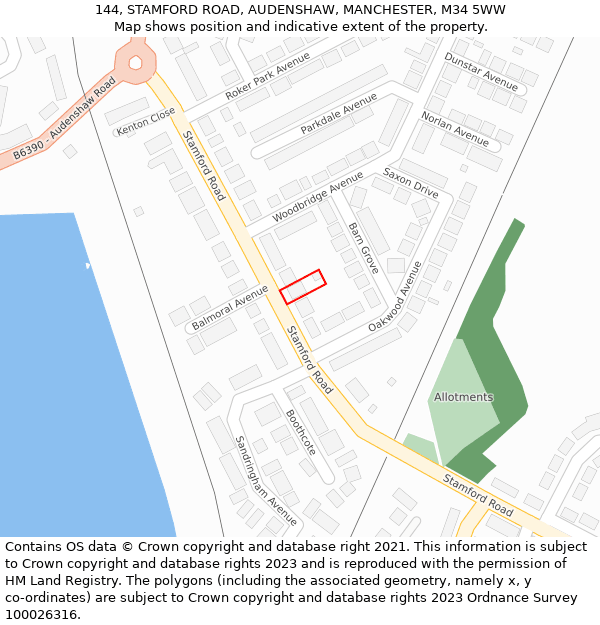 144, STAMFORD ROAD, AUDENSHAW, MANCHESTER, M34 5WW: Location map and indicative extent of plot