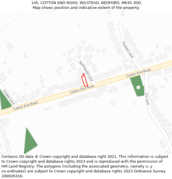 145, COTTON END ROAD, WILSTEAD, BEDFORD, MK45 3DD: Location map and indicative extent of plot